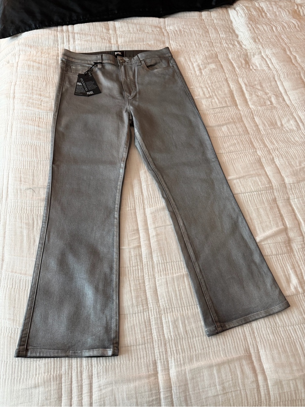 NWT PAIGE Claudine Silver Shimmer Metallic Coated High Rise Flare Jeans - Picture 11 of 17
